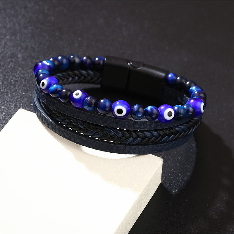Pulsera trenzada multicapa con cuentas y protección de ojo de tigre y piedras de Buda