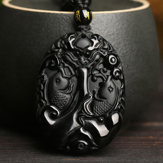 Collar con colgante de piedra de Buda, obsidiana negra, pez koi, cuerda de cuentas, fuerza de cumplimiento