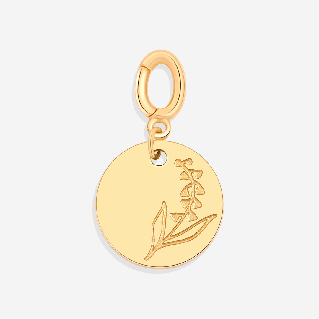 Dije de disco con flor de nacimiento grabada