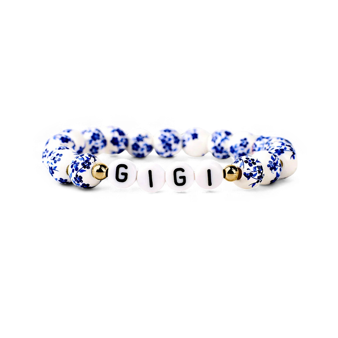 Blaues Porzellan-Armband mit Blumenperlen für Mama und Oma