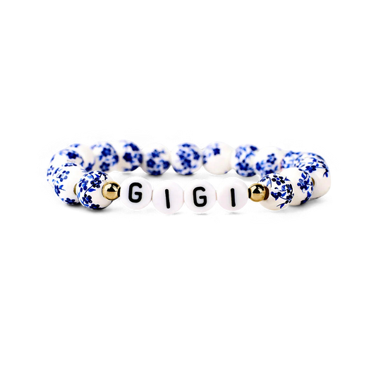 Blaues Porzellan-Armband mit Blumenperlen für Mama und Oma