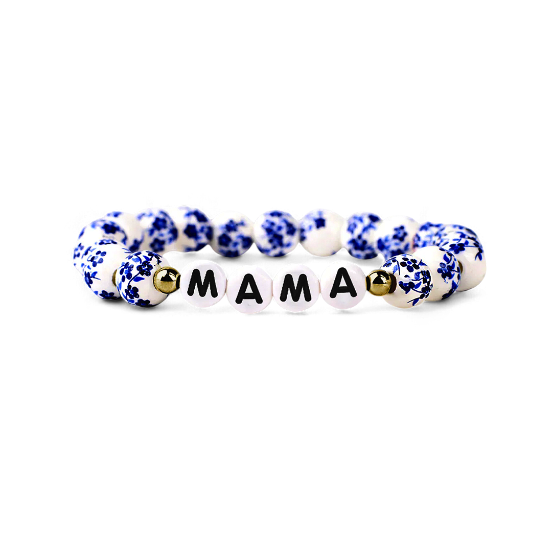Blaues Porzellan-Armband mit Blumenperlen für Mama und Oma