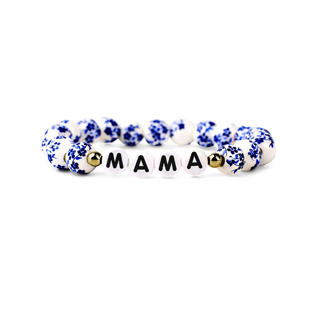 Blaues Porzellan-Armband mit Blumenperlen für Mama und Oma