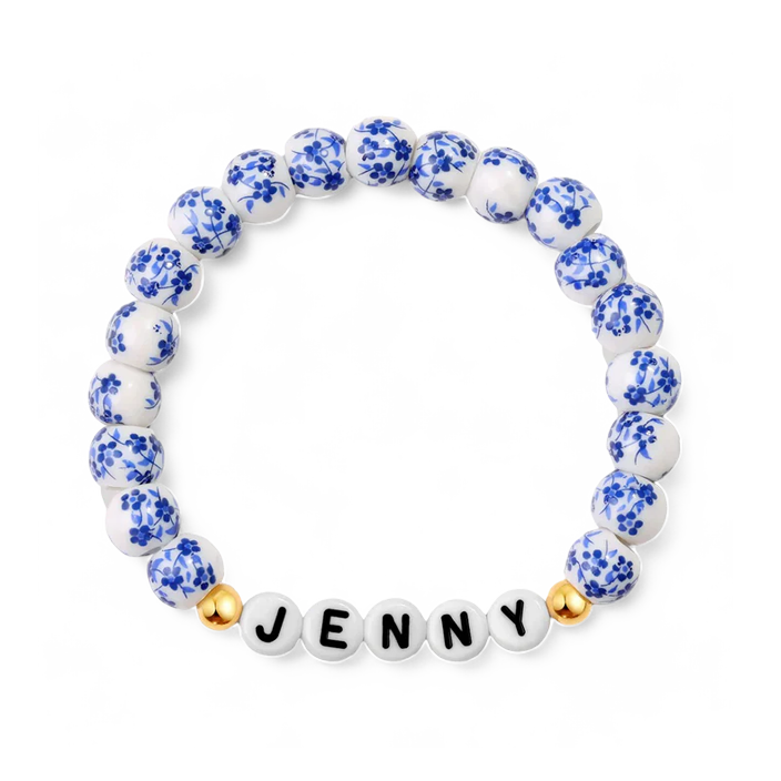 Custom Blue Porcelain Floral Beaded Name Bracelet