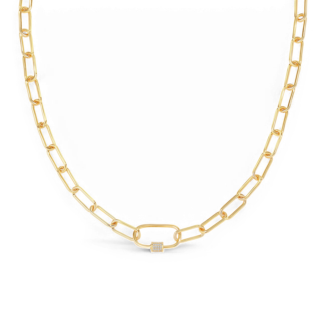 Link Chain Necklace with Pave Carabiner Clasp
