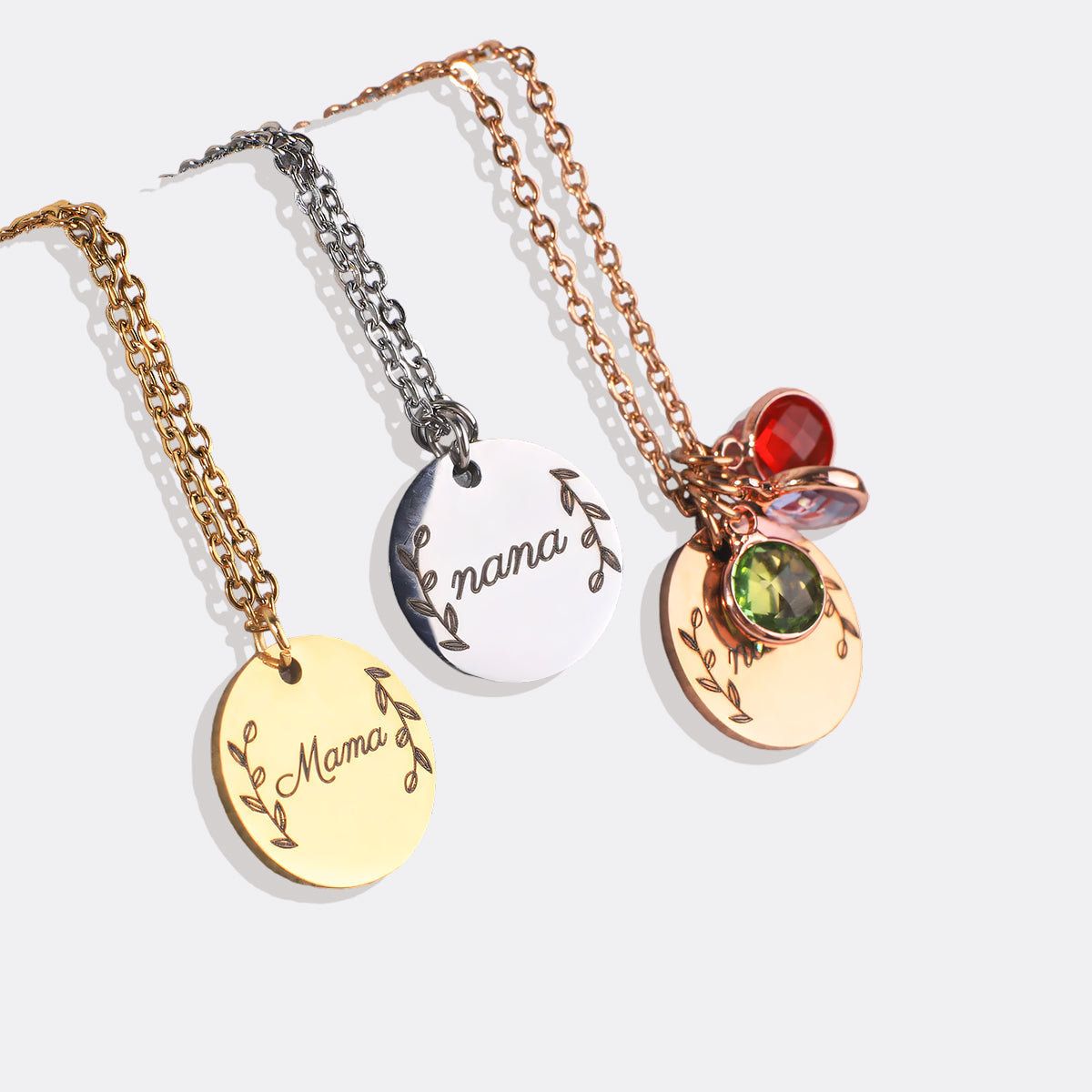 Engraved Birthstone Pendant Necklace with Leaves