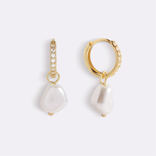 Freshwater Pearl Drop Pave Huggie Earrings - Touch Bling