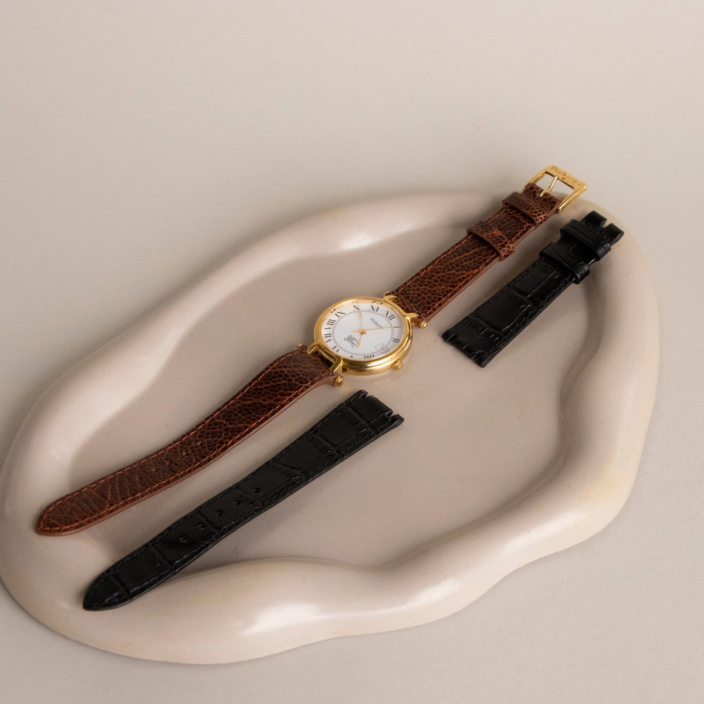 Vintage Burberrys Swiss Leather Strap Gold Watch