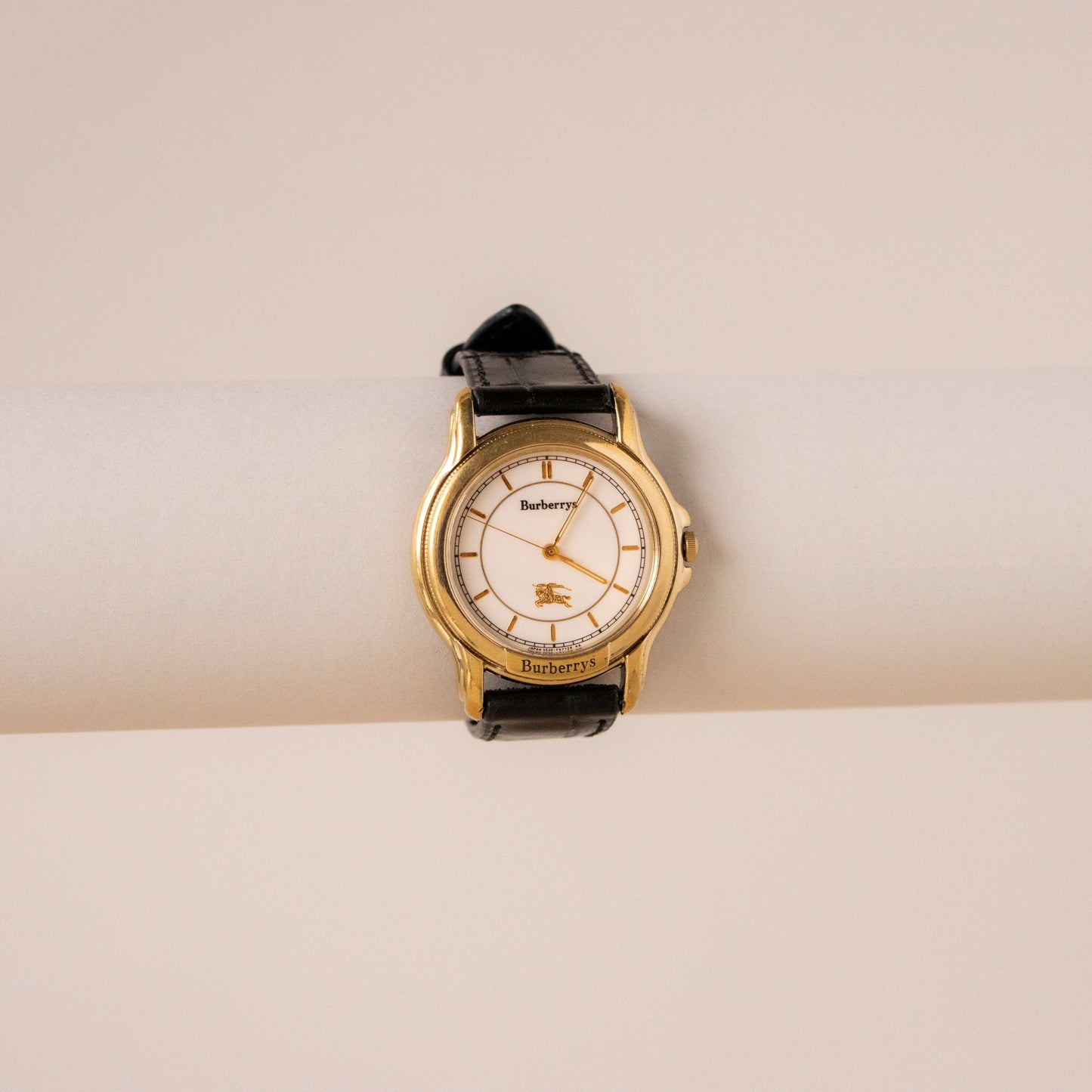 Vintage Burberrys Bold Black Strap Gold Watch