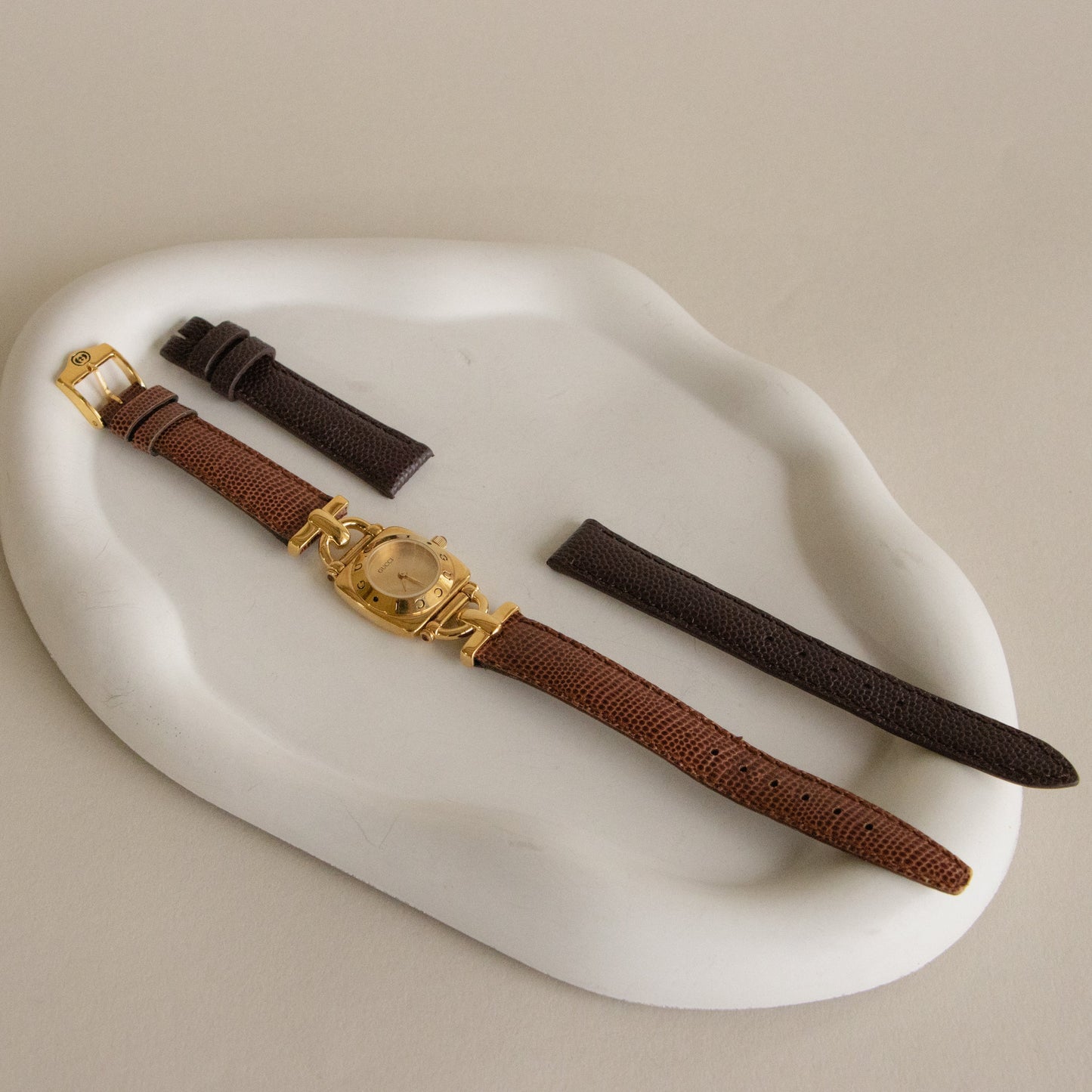 Vintage Gucci Swiss Square Brown Strap Gold Watch