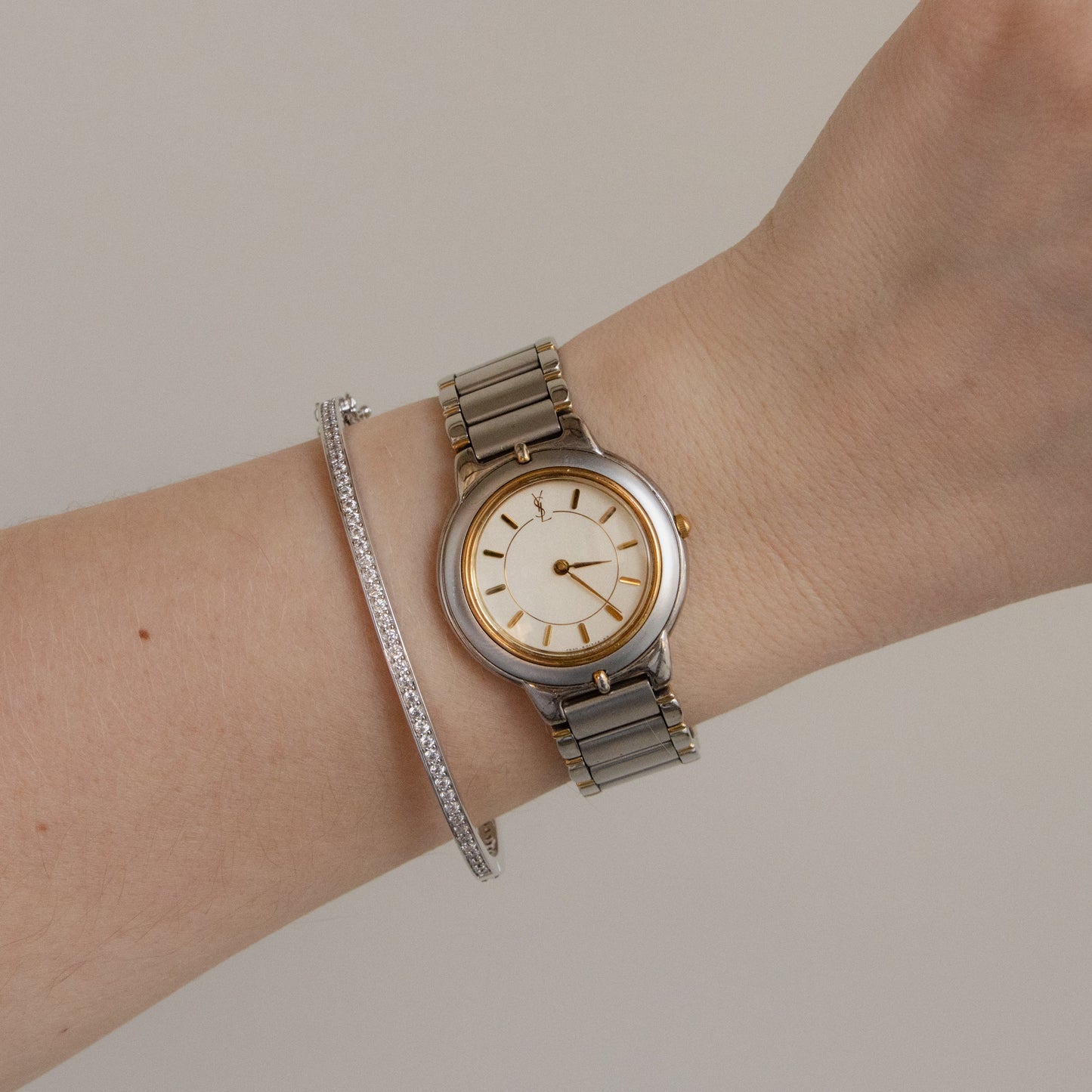 Vintage YSL Round Ribbed Two Tone Watch