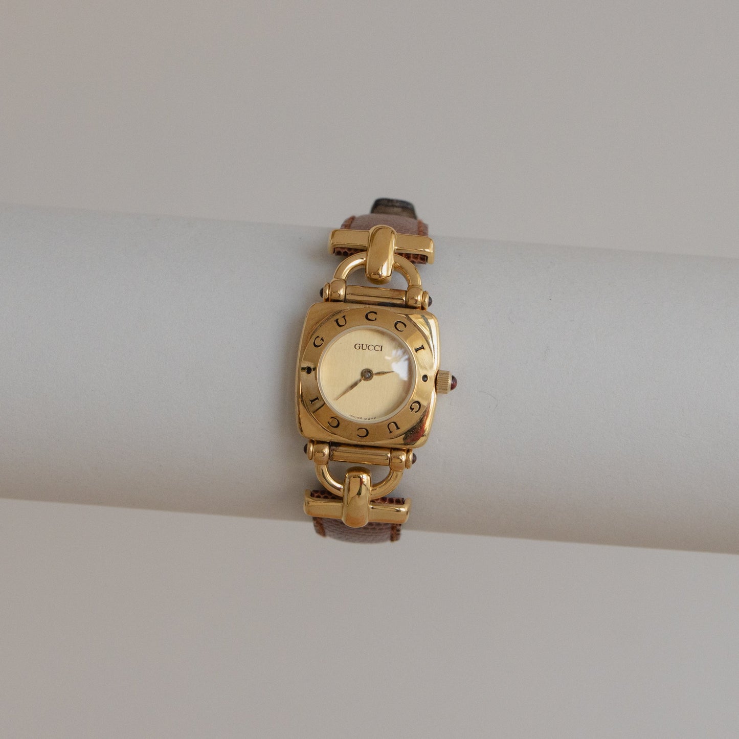 Vintage Gucci Swiss Square Brown Strap Gold Watch