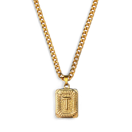 Initial Card Pendant Necklace with Curb Chain