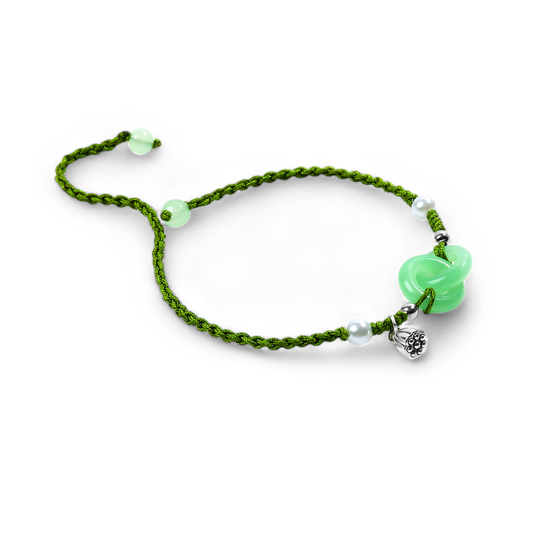 Jade Pearl & Lotus Prosperity String Bracelet