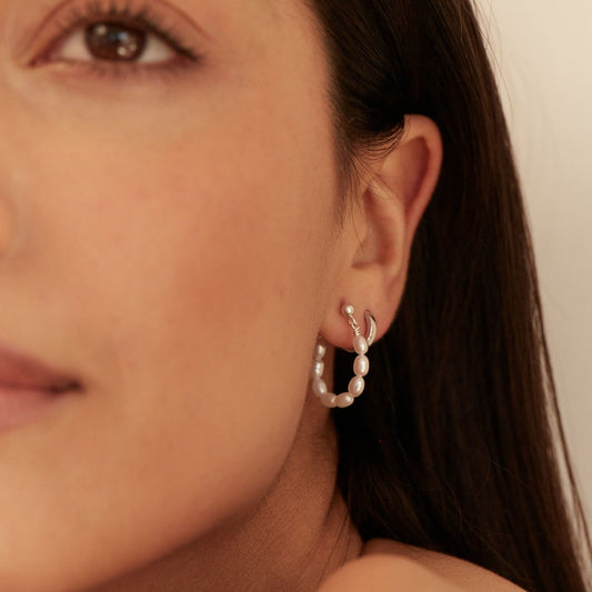 Solid White Gold Seed Pearl Hoop Earrings