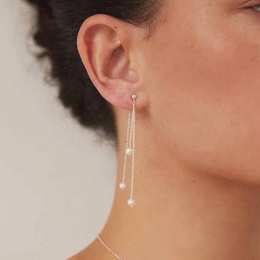 Solid White Gold Layered Pearl Drop Earrings