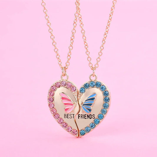 2Pcs/Set Rhinestone Heart Broken Butterfly BFF Necklace - Touch Bling