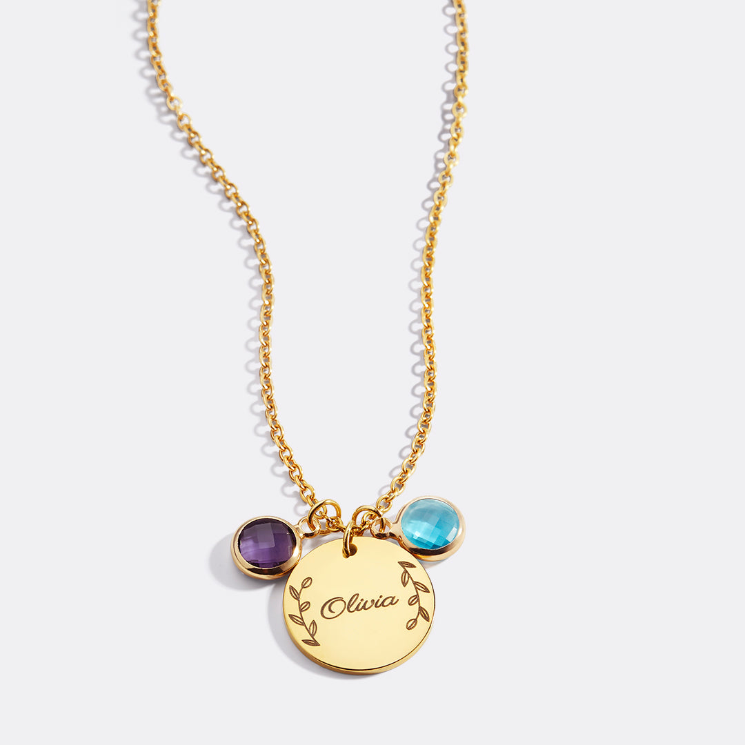 Engraved Birthstone Pendant Necklace with Leaves