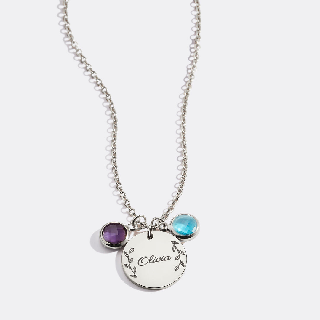 Engraved Birthstone Pendant Necklace with Leaves