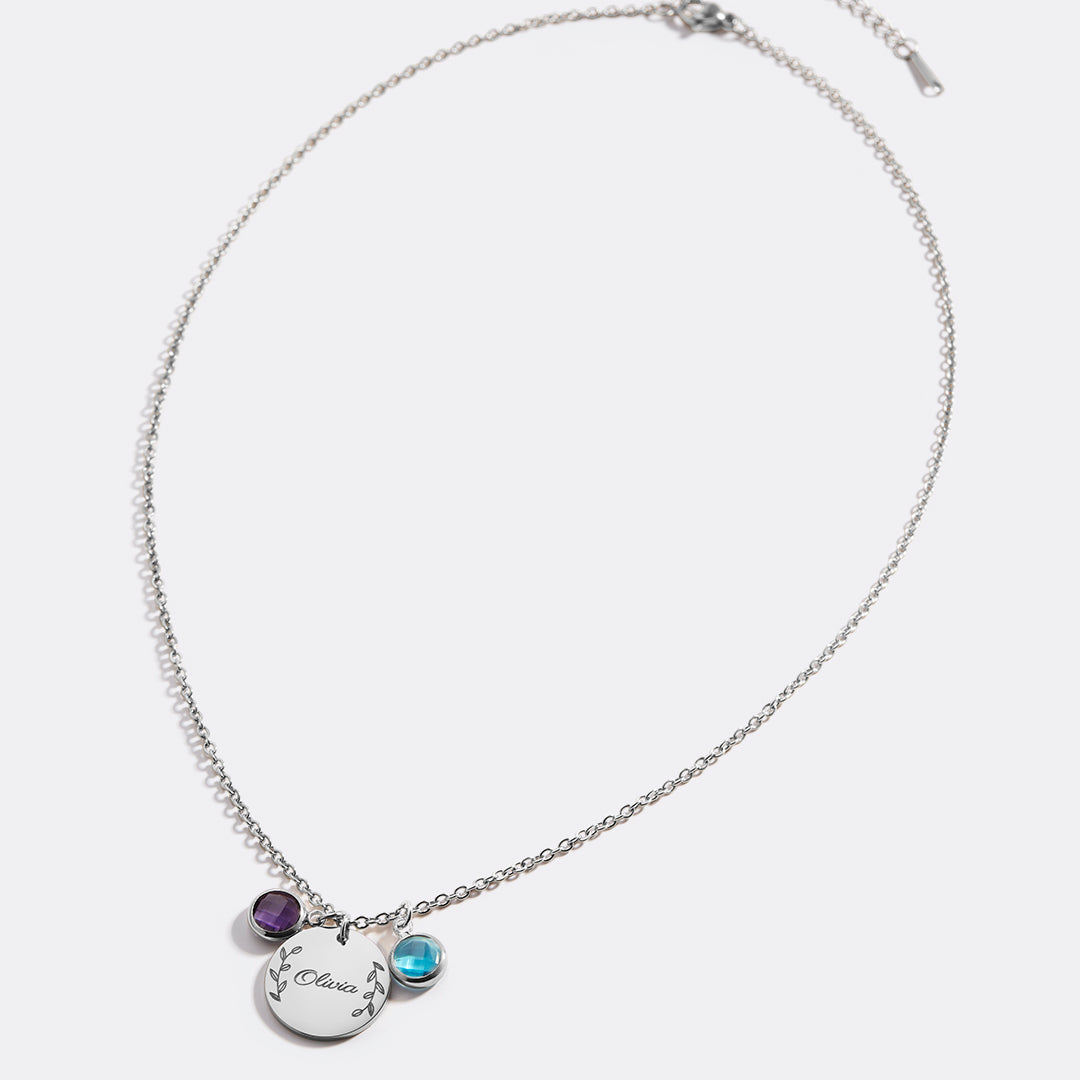 Engraved Birthstone Pendant Necklace with Leaves