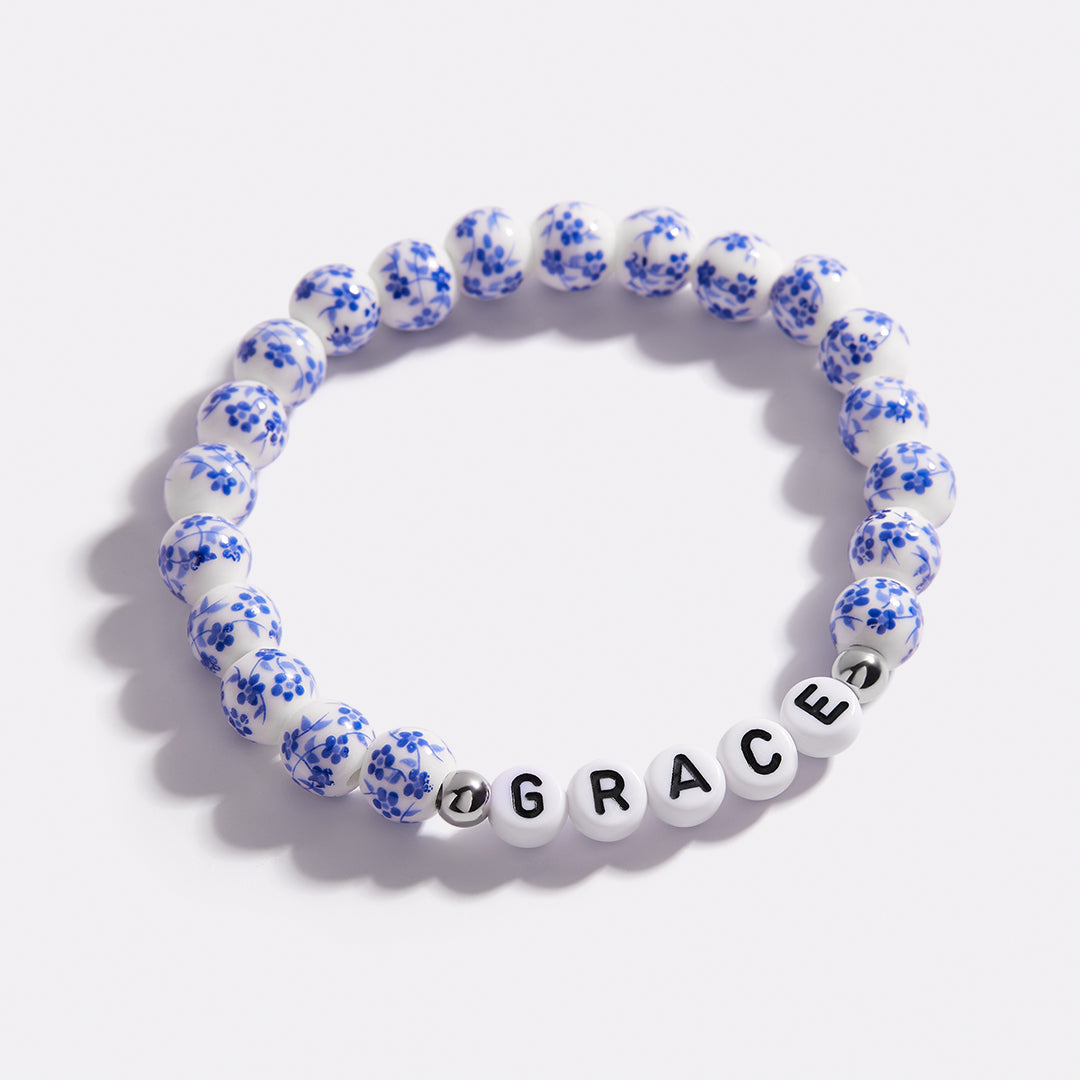 Custom Blue Porcelain Floral Beaded Name Bracelet