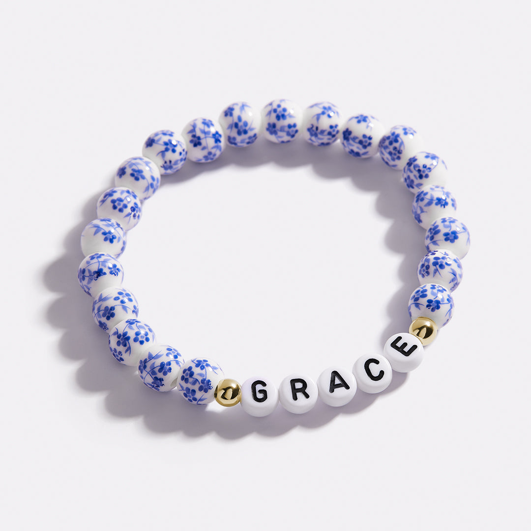 Custom Blue Porcelain Floral Beaded Name Bracelet
