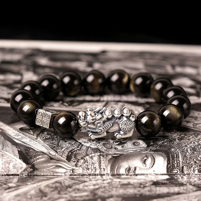 Feng Shui Bracelet Pure Silver Pixiu Bracelet Black Obsidian Men's Bracelet