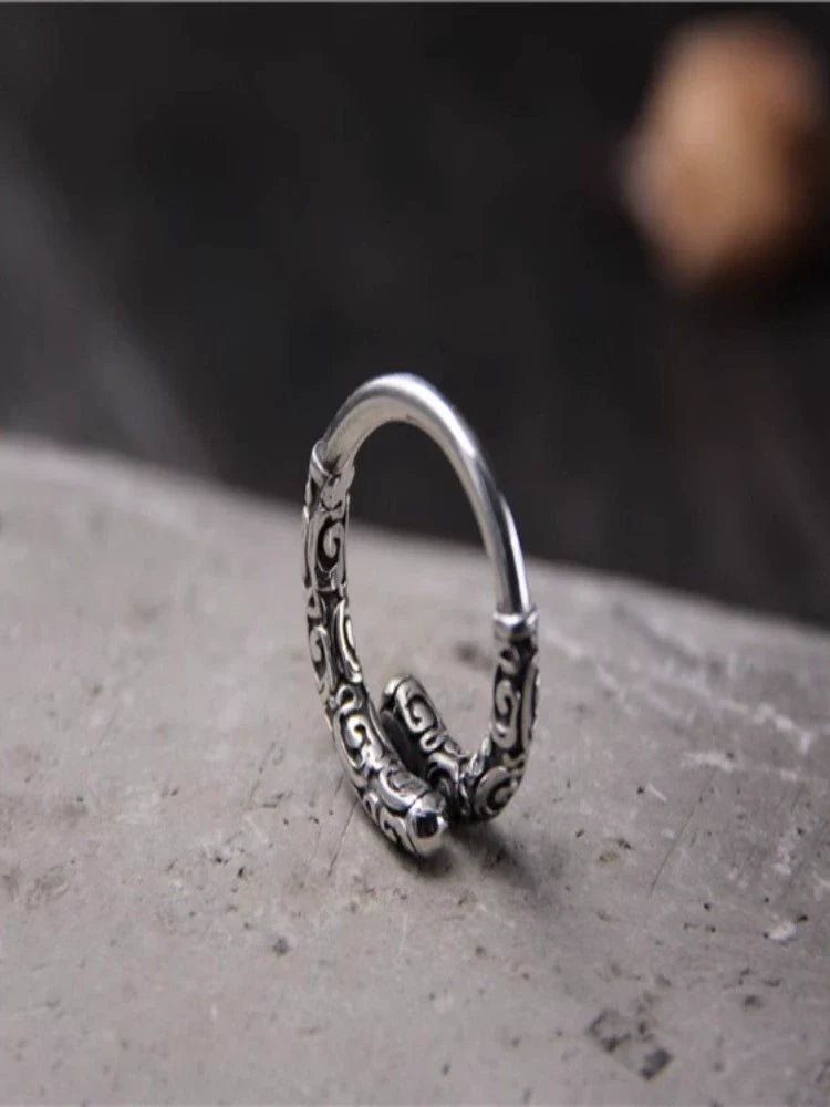 S925 Sterling Silver Retro Sun Wukong Golden Cudgel Ring Adjustable Unisex Finger Ring - Touch Bling