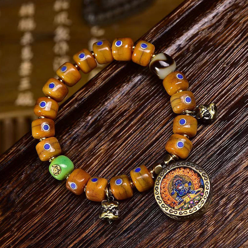 Tibetan Old Silver and Lapis Lazuli Inlaid Bracelet with Small Tangka Pendant – Tibetan Yak Bone Bracelet - Touch Bling