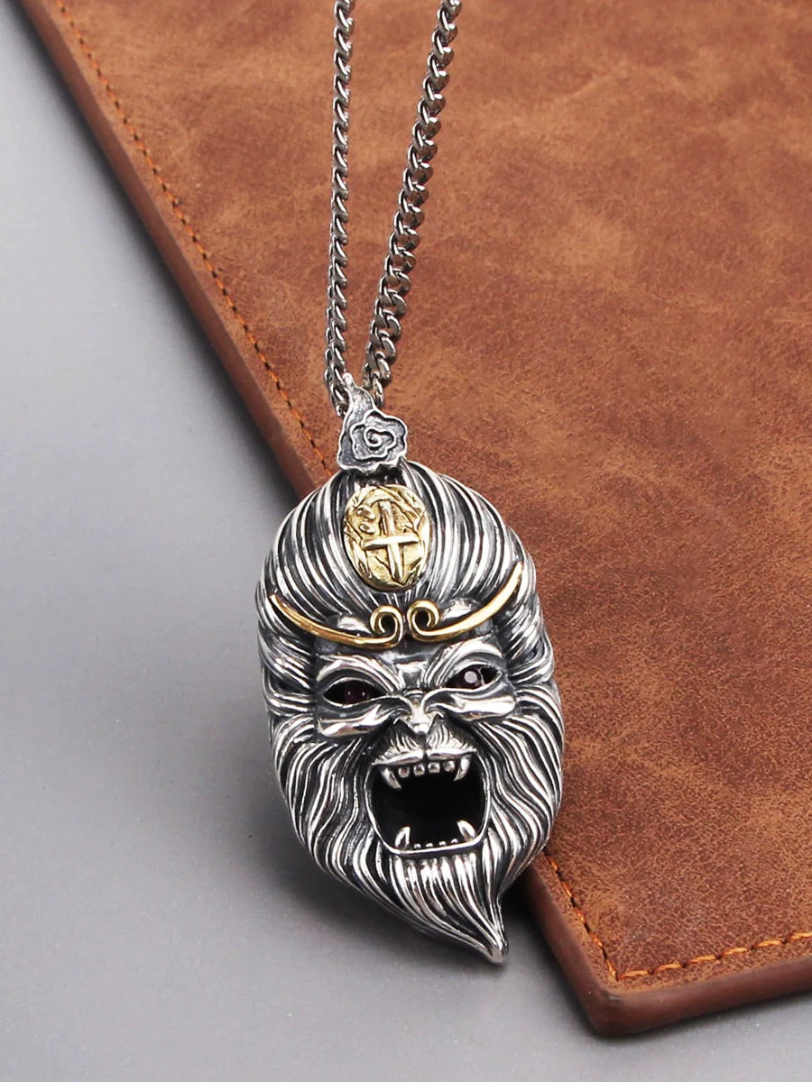 S925 Sterling Silver Sun Wukong Double-Sided Necklace - Buddha and Demon Pendant for Men - Touch Bling