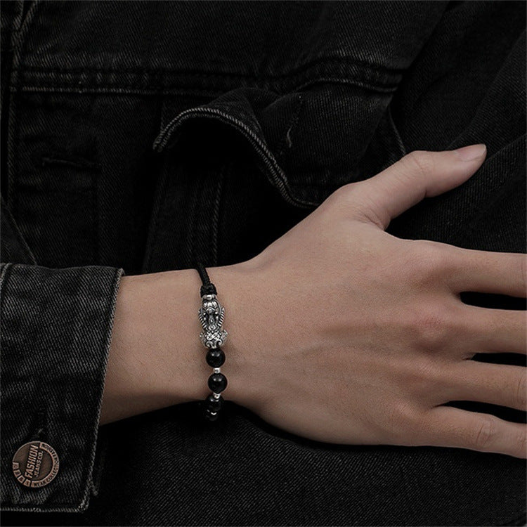 Natural Obsidian Hand-woven Boys Silver Pixiu Feng Shui Bracelet - Touch Bling