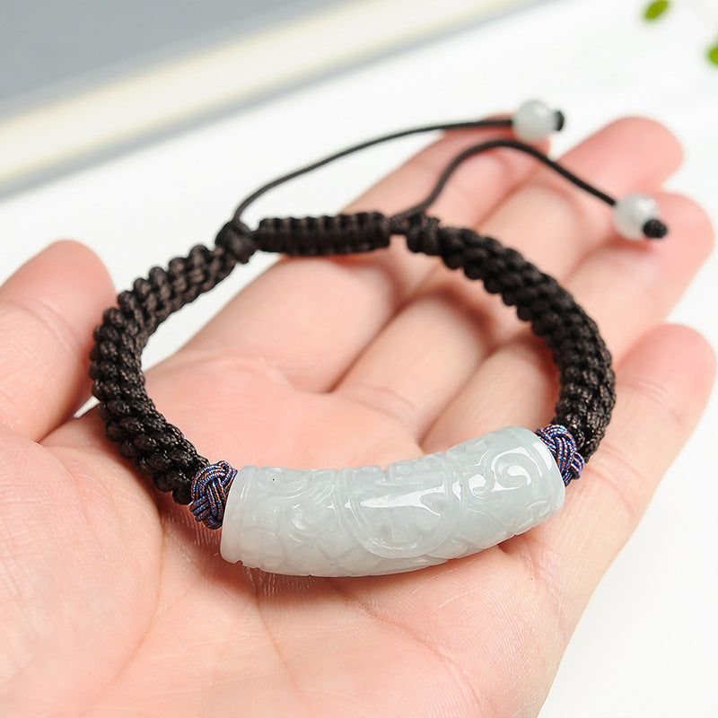 Natural Myanmar Grade A Jade Curved Bar Bracelet – Handmade with Good Fortune and Longevity Carvings - Touch Bling