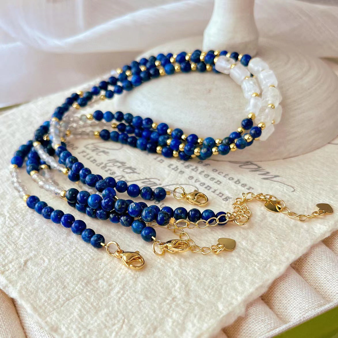 Vintage Natural Lapis Lazuli Necklace White Crystal Gray Moonstone Clavicle Chain Necklace - Touch Bling