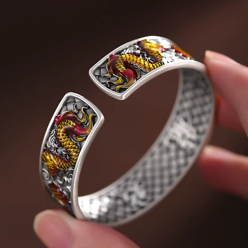 Pure Silver Enamel Zodiac Dragon Bangle