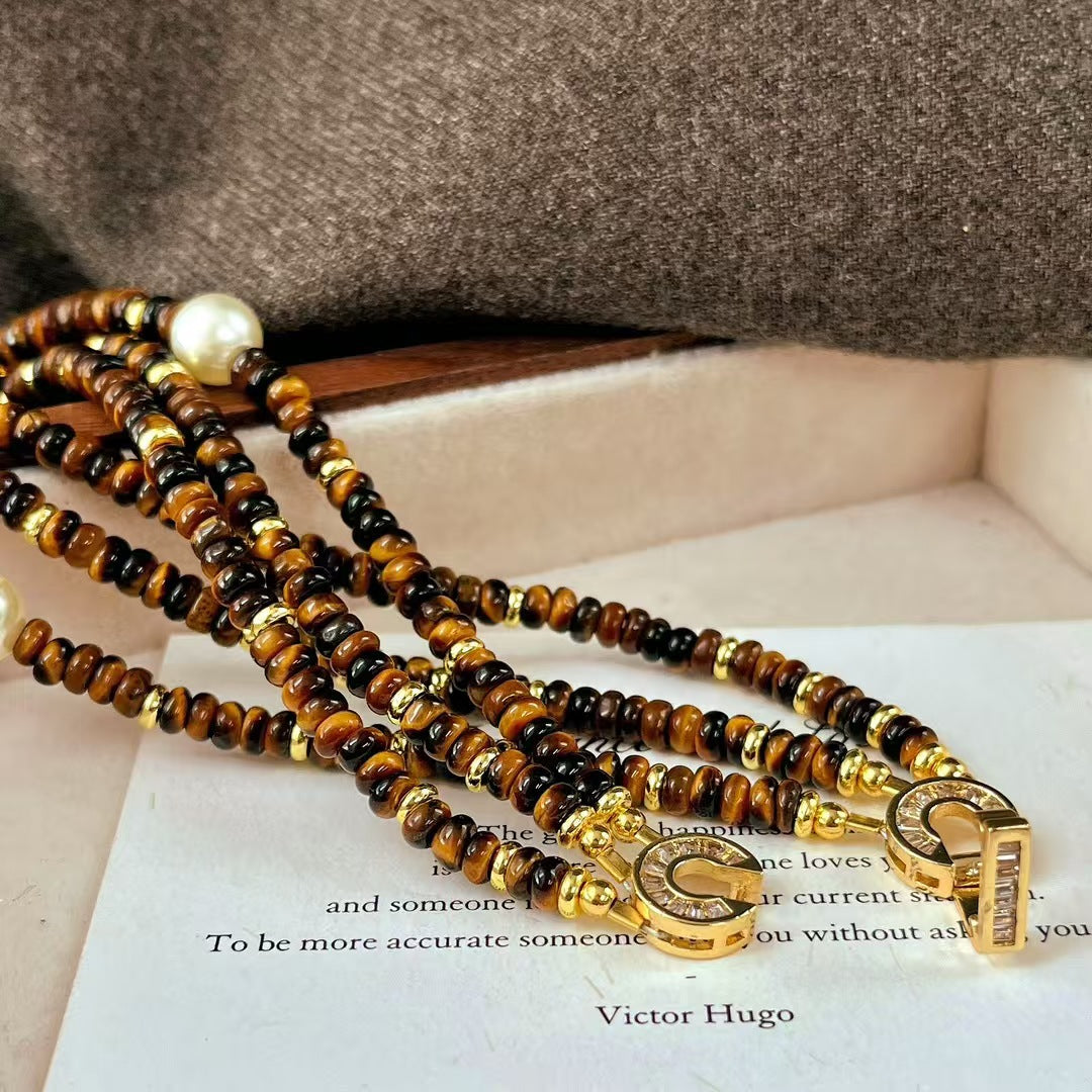 Natural Maillard Tiger's Eye Stone Artificial Crystal Pearl Necklace Vintage Multilayer Clavicle Chain Necklace - Touch Bling