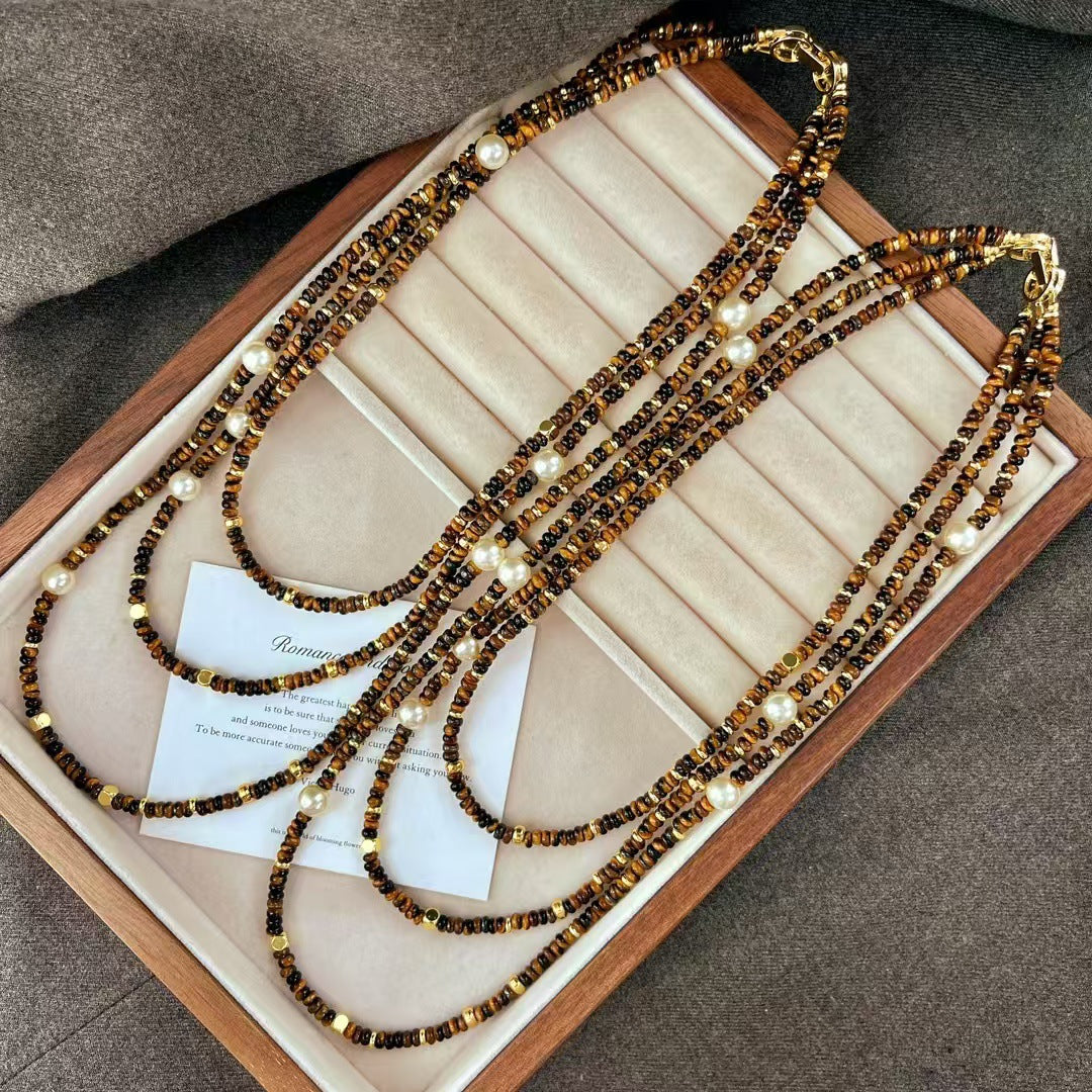 Natural Maillard Tiger's Eye Stone Artificial Crystal Pearl Necklace Vintage Multilayer Clavicle Chain Necklace - Touch Bling