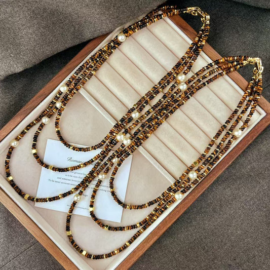 Natural Maillard Tiger's Eye Stone Artificial Crystal Pearl Necklace Vintage Multilayer Clavicle Chain Necklace - Touch Bling
