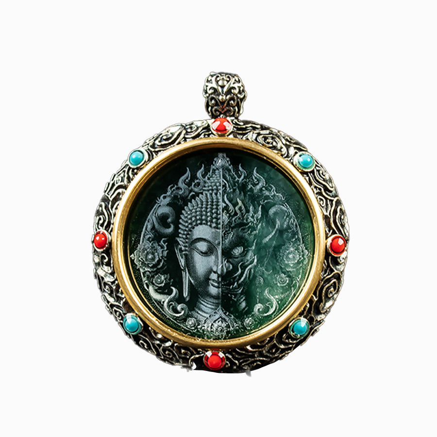 Natural A-Grade Jadeite "One Thought" Tibetan Silver Prayer Wheel Pendant – High Ice Jadeite with Vintage Silver Inlay - Touch Bling
