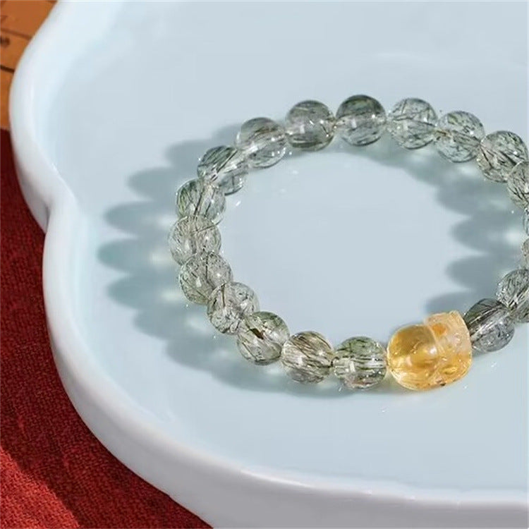 Natural Green Rutilated Quartz Crystal Bracelet with Pixiu - Touch Bling