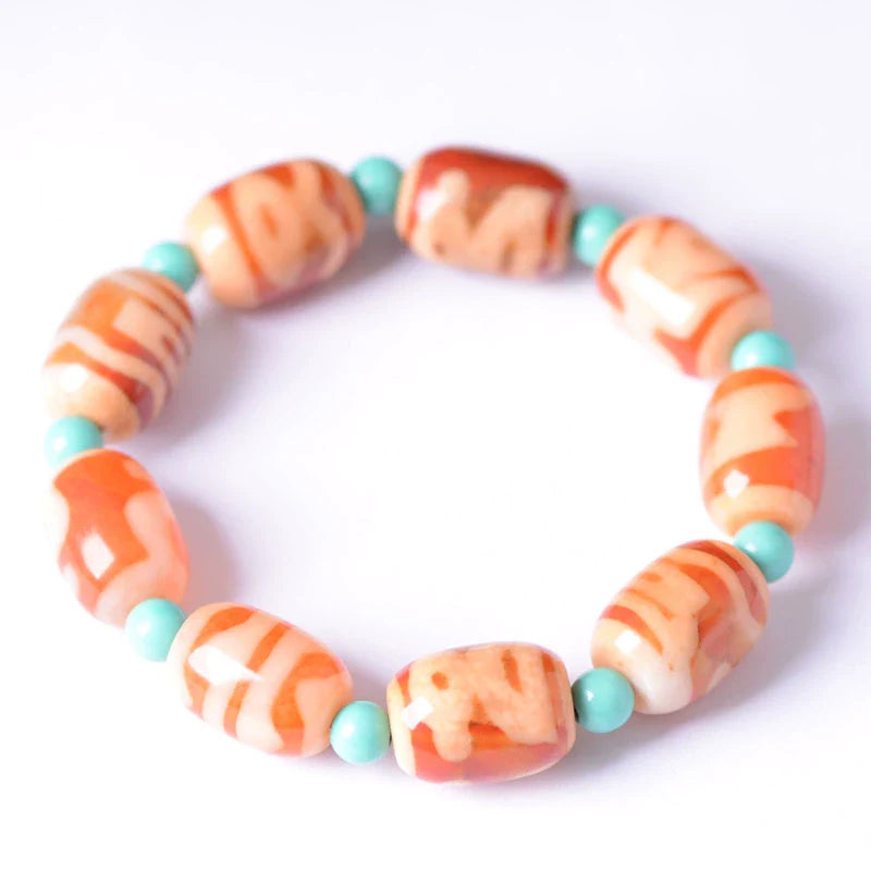 Tibetan Red and White Dzi Beads Bracelet with Turquoise Round Beads Old Agate Bracelet Random Totems