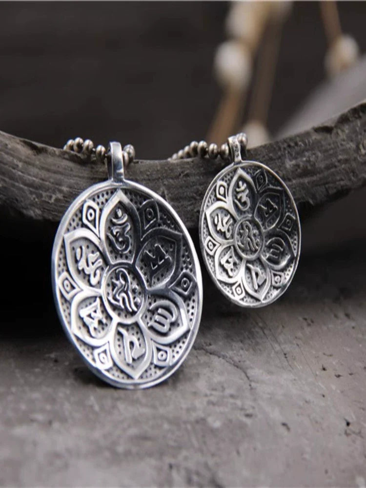 S925 Sterling Silver Retro Six-character Mantra Tag Safe Round Tag Pendant - Touch Bling