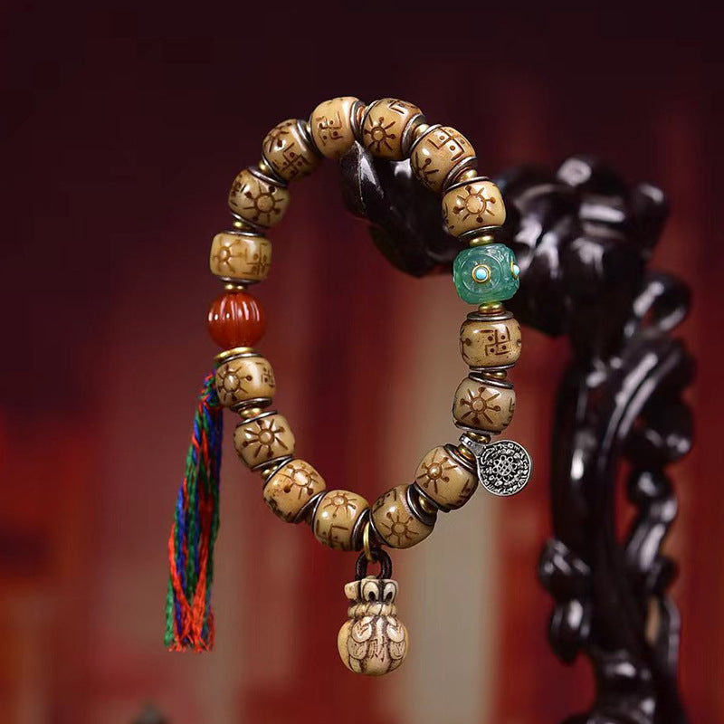 Tibetan Antique Silver Inlaid Camel Bone Bracelet – Handcrafted Tibetan-Style Beaded Bracelet - Touch Bling