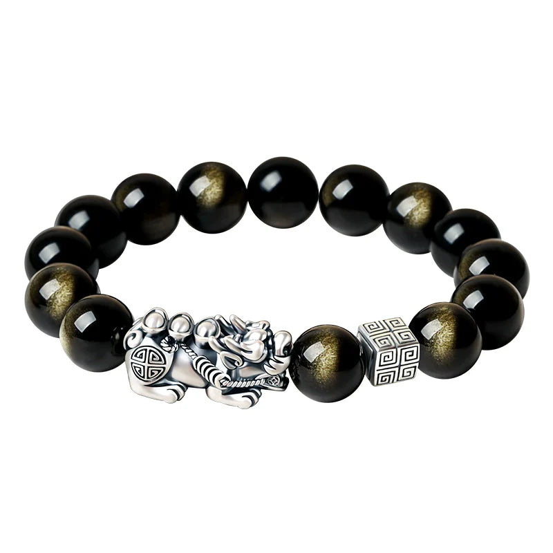 Feng Shui Bracelet Pure Silver Pixiu Bracelet Black Obsidian Men's Bracelet