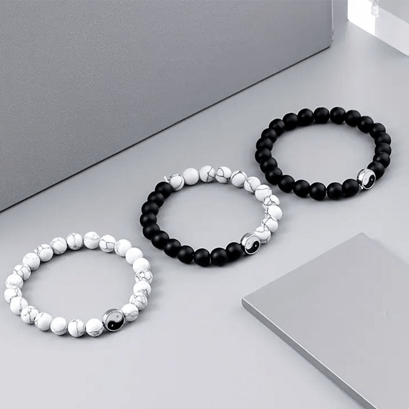 Tai Chi Yin Yang White Turquoise Bracelet Matte Black Handmade Beaded Bracelet - Touch Bling