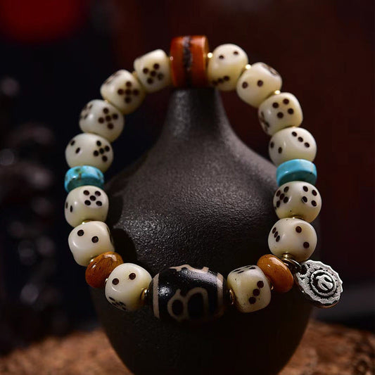 Natural Camel Bone Carved Dice Bracelet – Tibetan Style Vintage Unisex Bracelet - Touch Bling