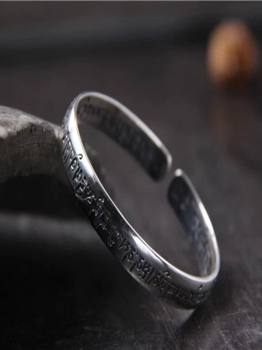 S925 Sterling Silver Six-character Mantra Open Bracelet, Retro Sanskrit Solid Men's and Women's Bracelets - Touch Bling