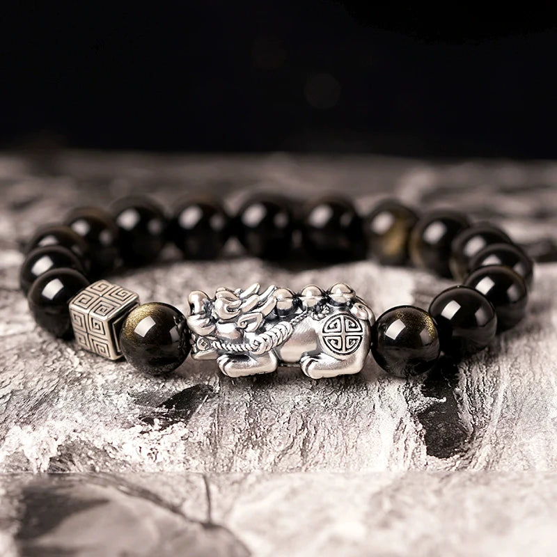 Feng Shui Bracelet Pure Silver Pixiu Bracelet Black Obsidian Men's Bracelet