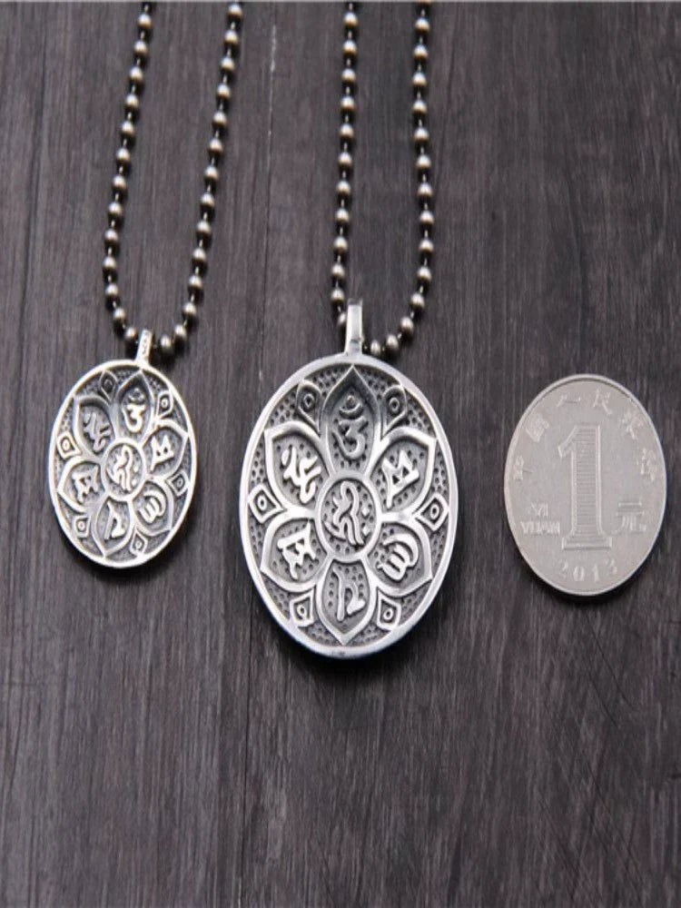 S925 Sterling Silver Retro Six-character Mantra Tag Safe Round Tag Pendant - Touch Bling