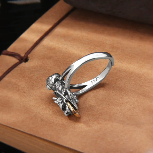 Vintage Lucky Bite Coin Pixiu Ring S925 Silver, Men's Lucky Ring, Opening Design - Touch Bling