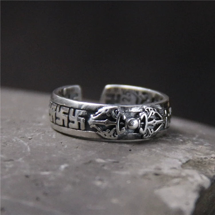 S925 Sterling Silver Six-Character Mantra Vajra Pestle Ring, Adjustable Opening - Touch Bling